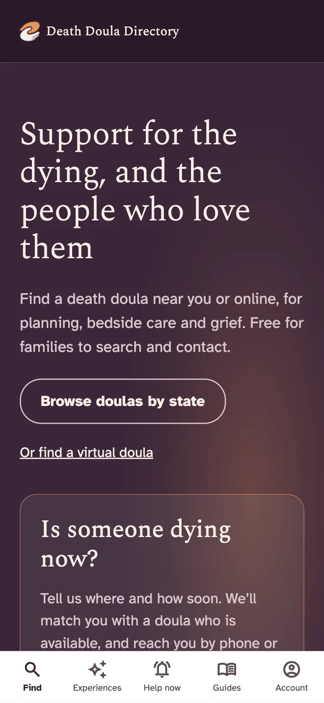 Find a doula screen in the app