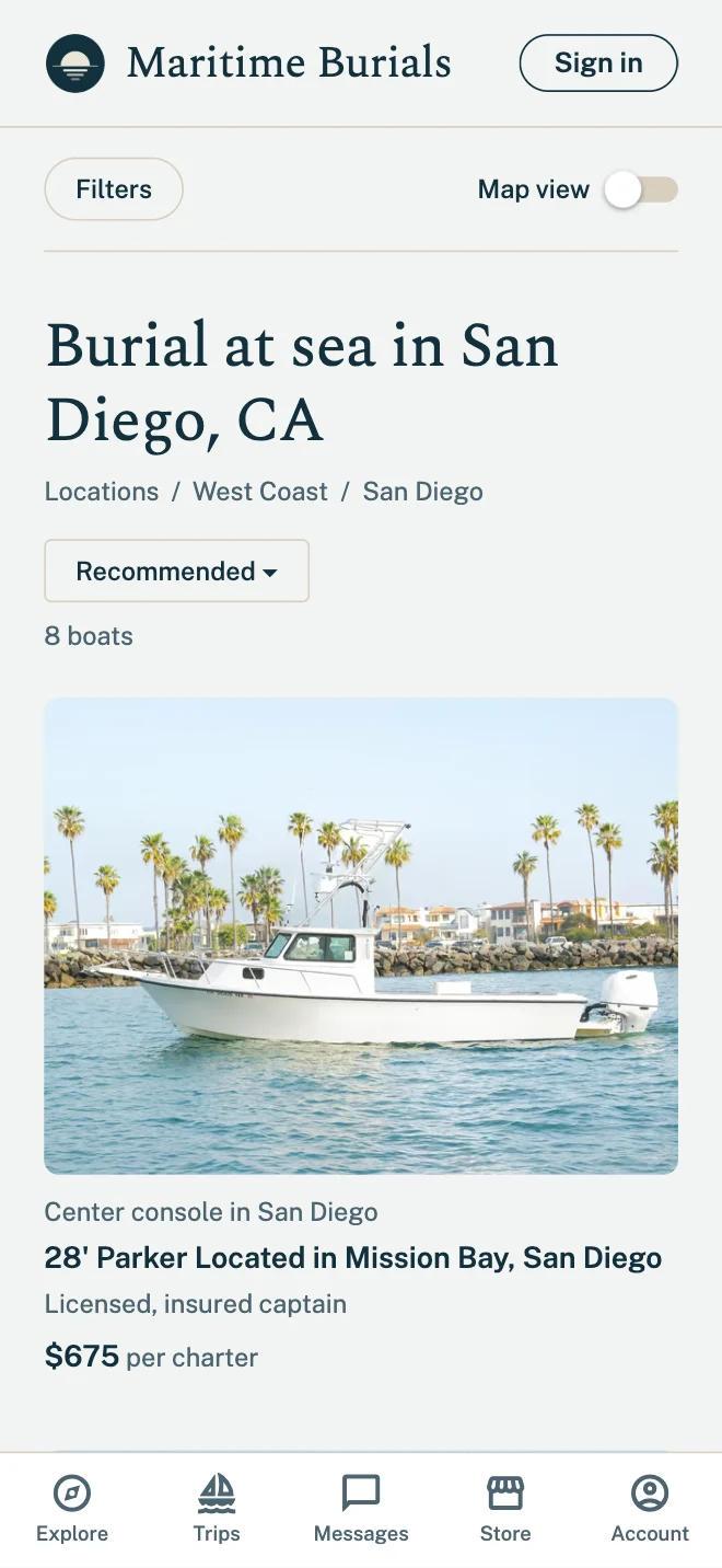 Compare boats screen in the app